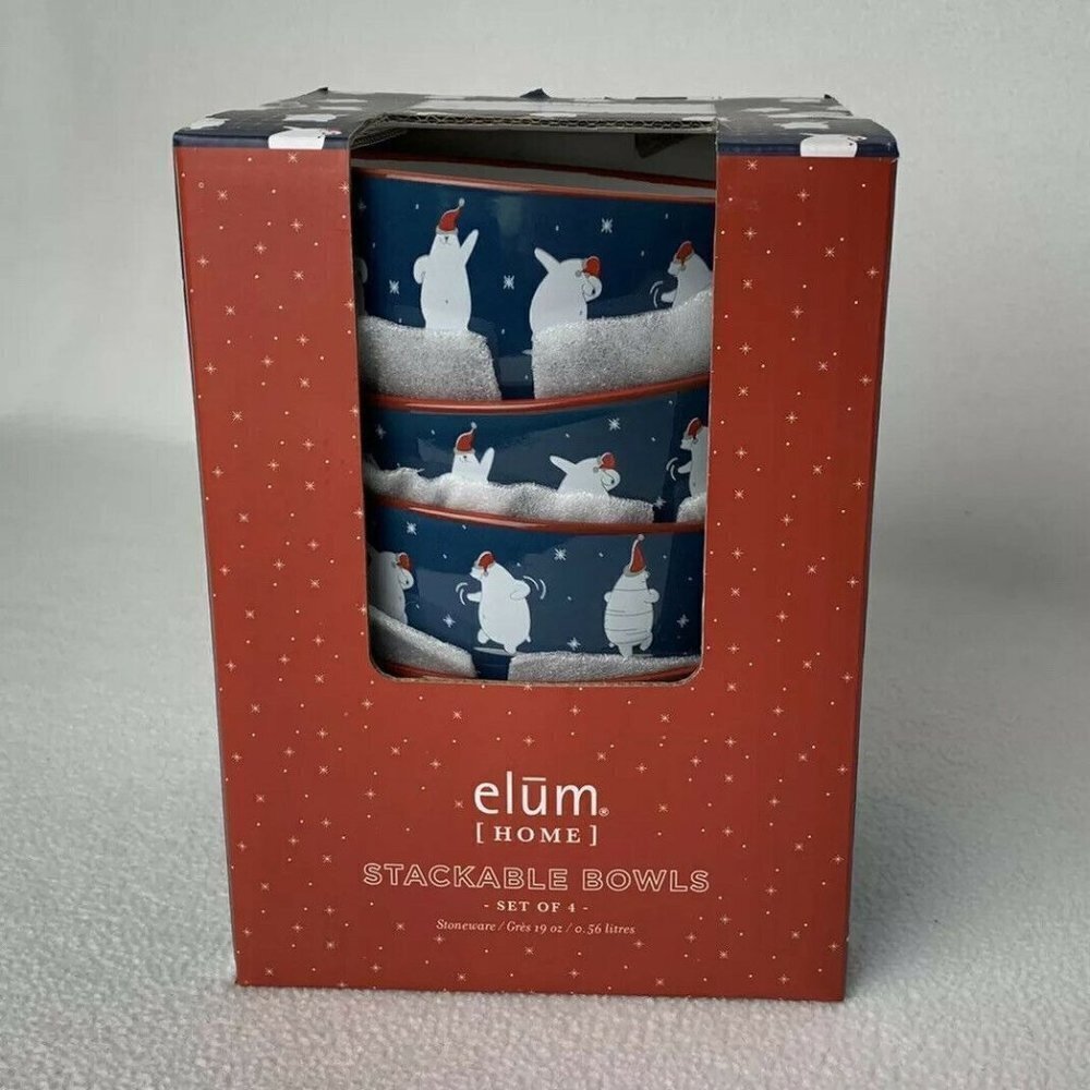 Elum Home Stackable Blue And White Santa Polar Bears Porcelain Bowls Set of 4